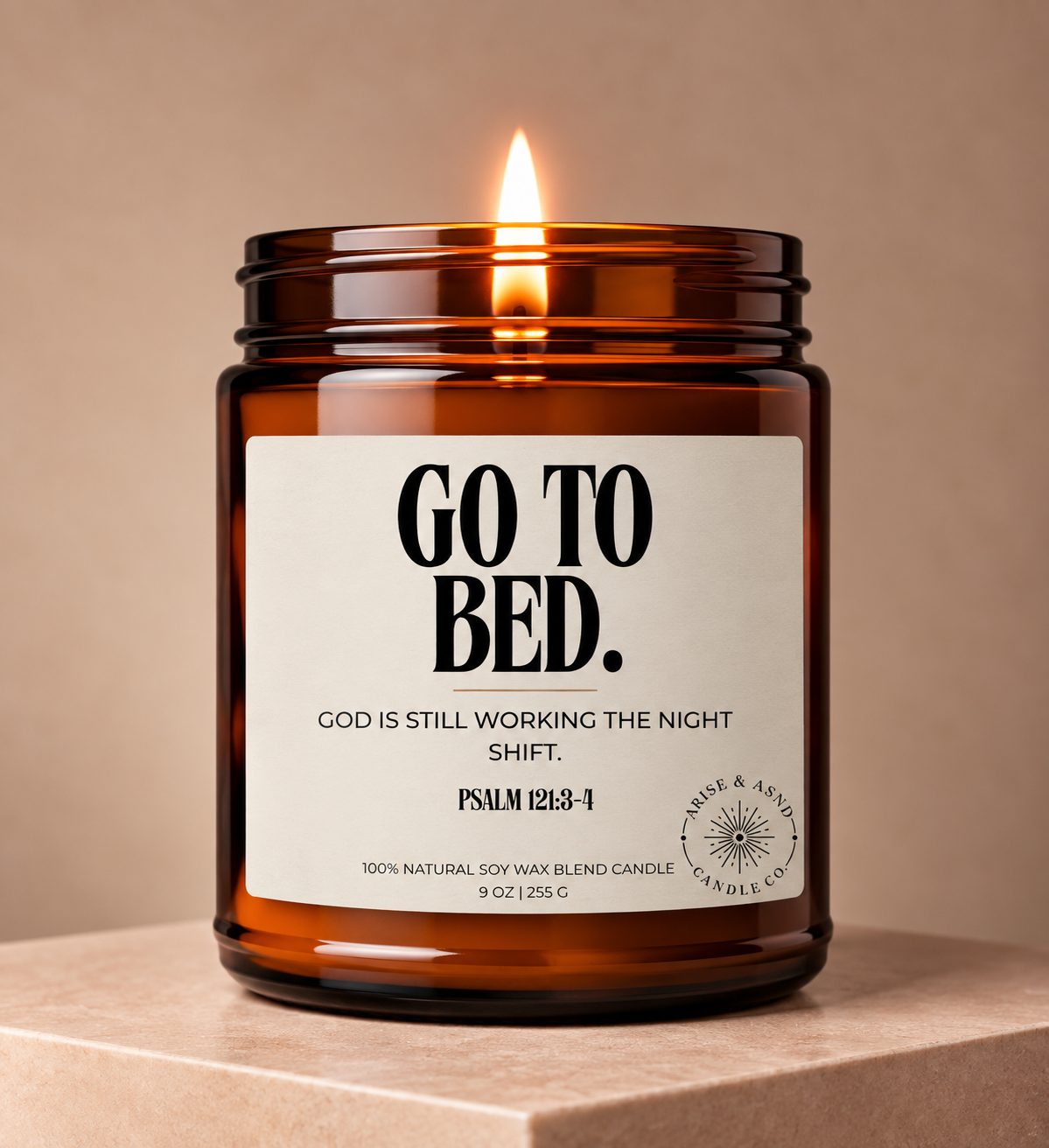 Go To Bed Christian Scripture Candle, Psalm 121:3-4, 9 oz Amber Jar