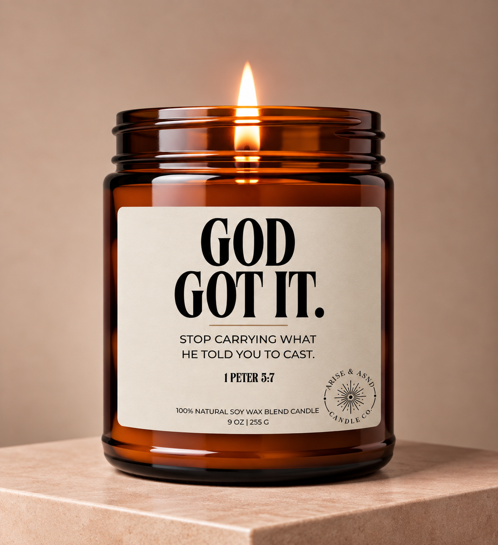 God Got It Christian Scripture Candle, 1 Peter 5:7, 9 oz Amber Jar