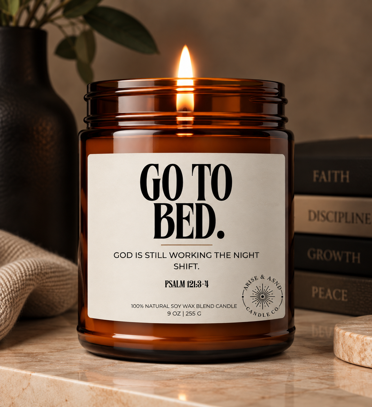 Go To Bed Christian Scripture Candle, Psalm 121:3-4, 9 oz Amber Jar