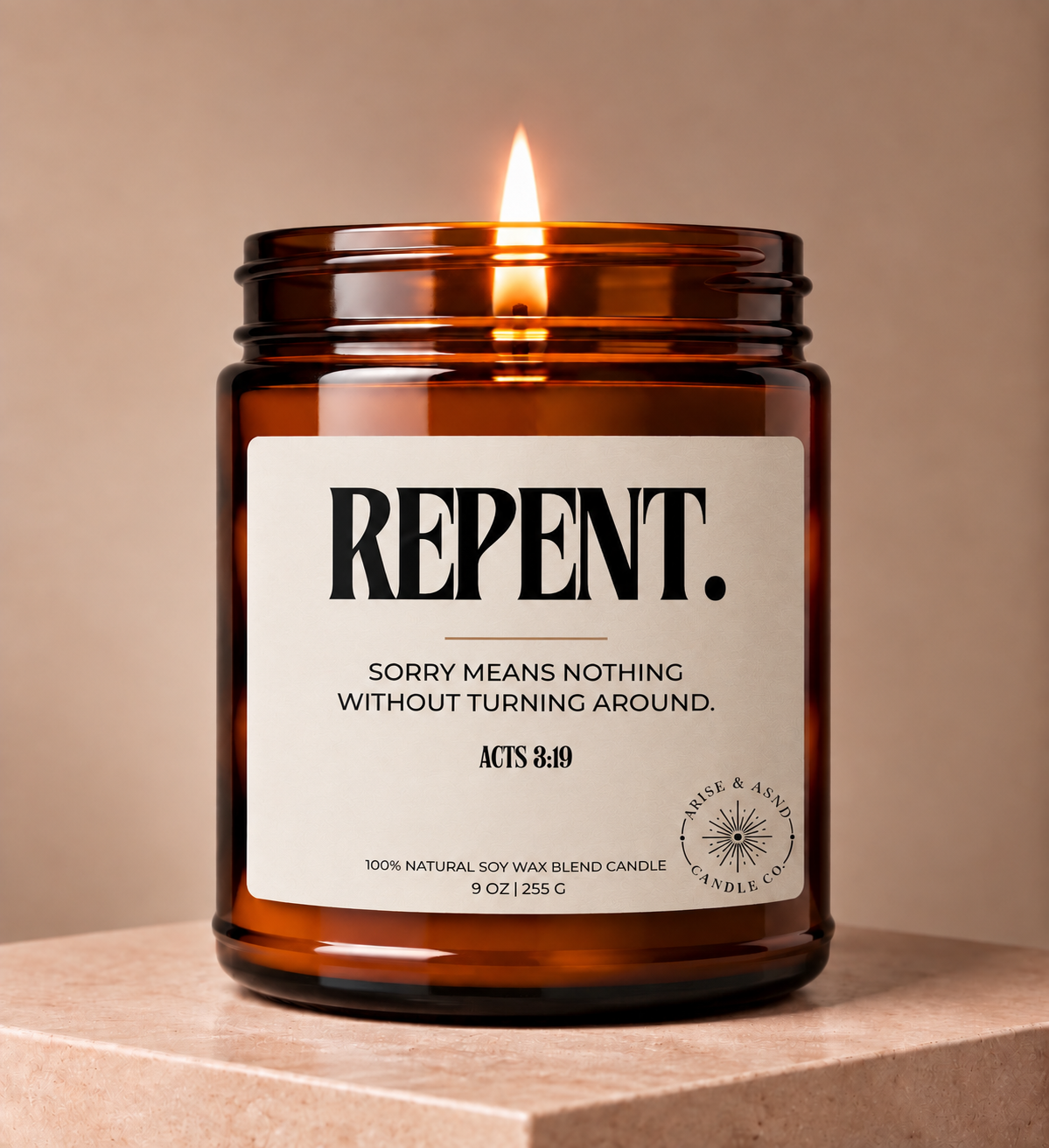 Repent Christian Scripture Candle, Acts 3:19, 9 oz Amber Jar