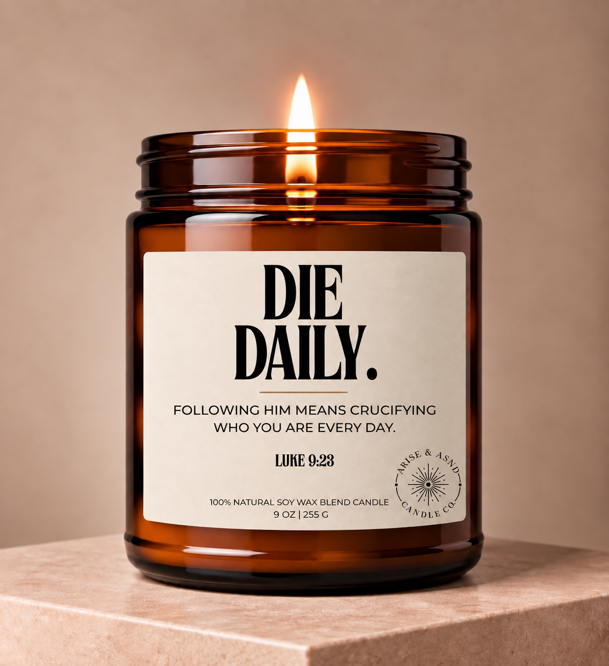 Die Daily Christian Scripture Candle, Luke 9:23, 9 oz Amber Jar