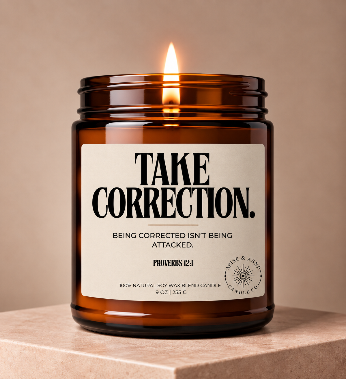 Take Correction Christian Scripture Candle, Proverbs 12:1, 9 oz Amber Jar