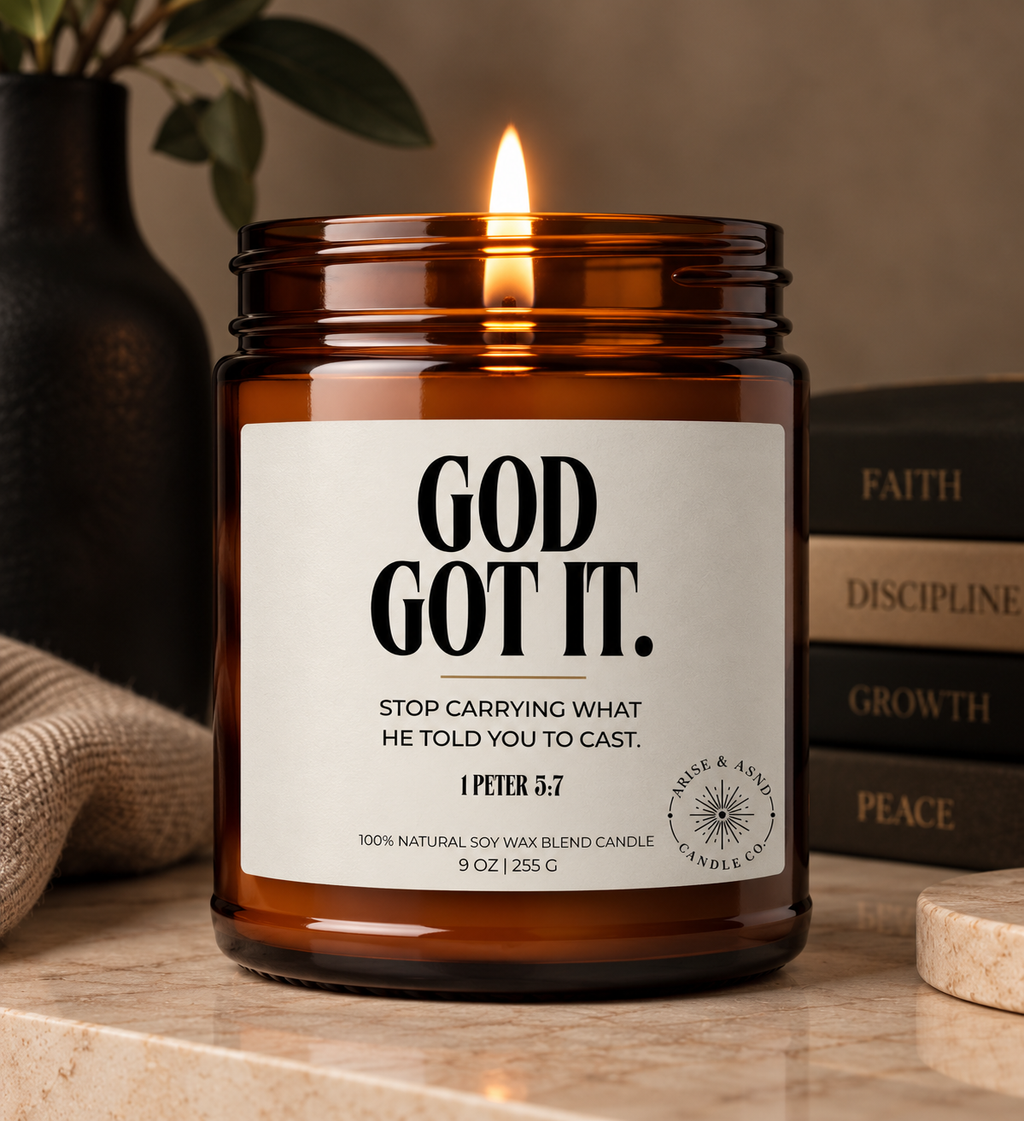 God Got It Christian Scripture Candle, 1 Peter 5:7, 9 oz Amber Jar