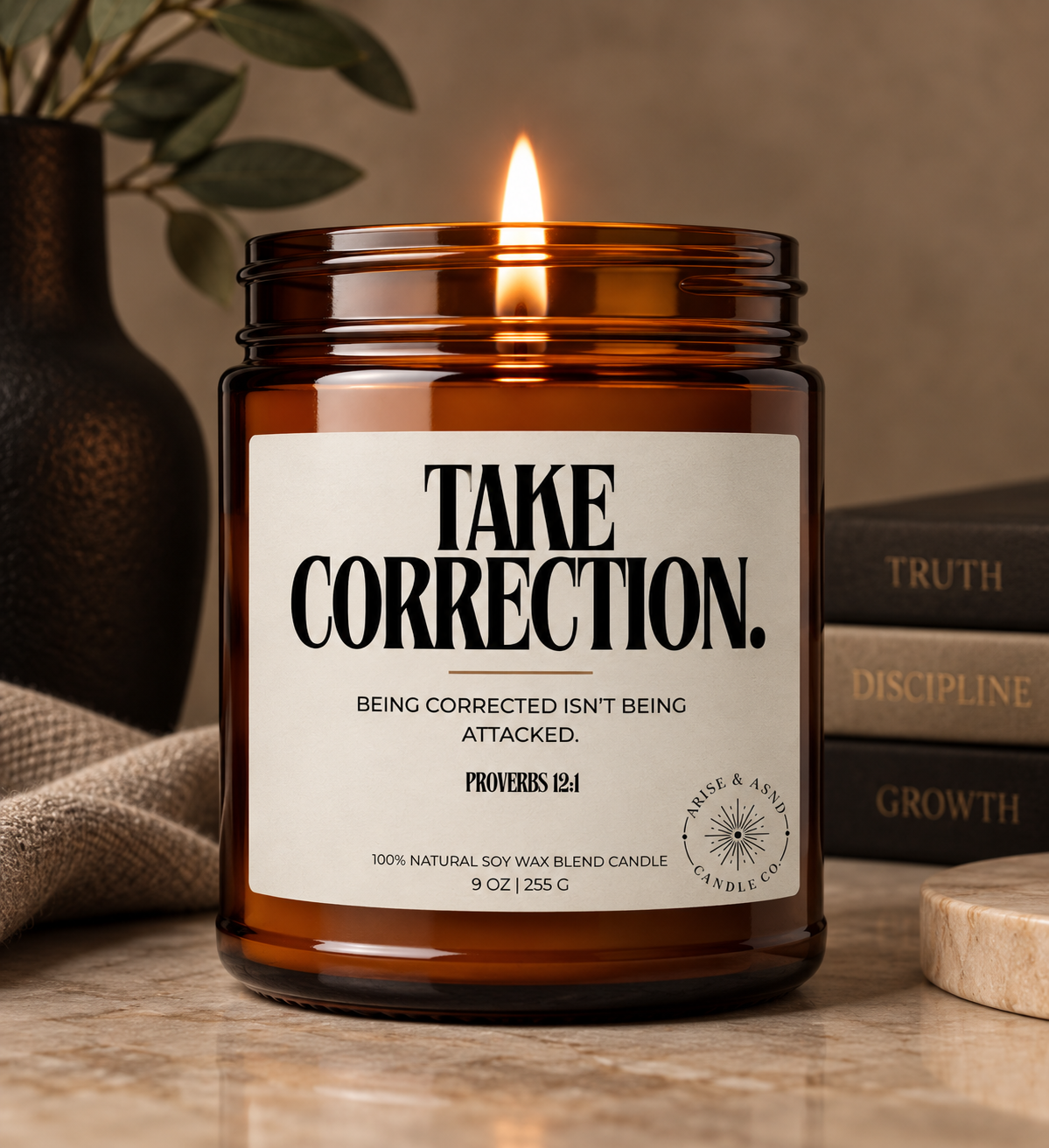 Take Correction Christian Scripture Candle, Proverbs 12:1, 9 oz Amber Jar