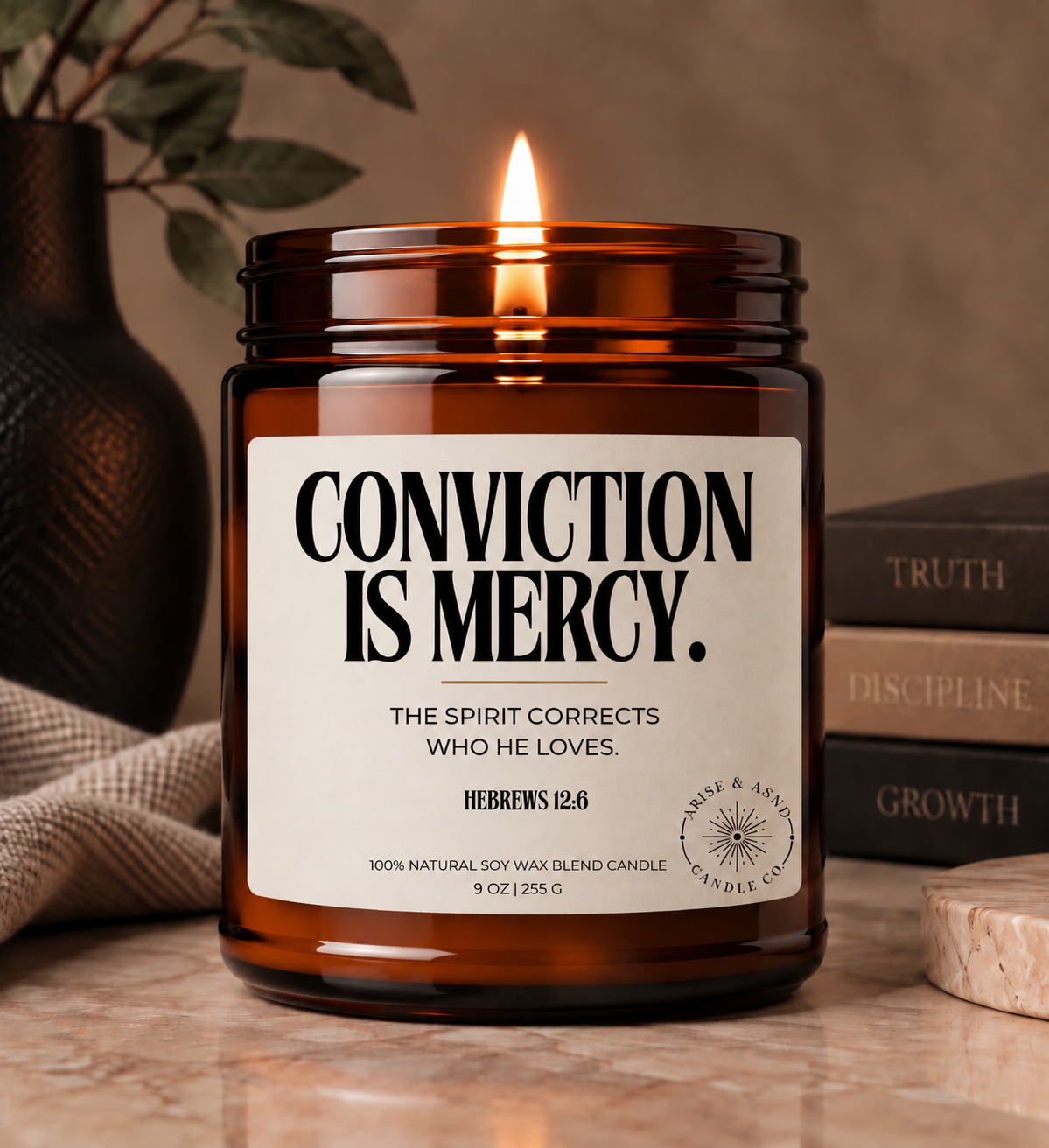 Conviction Is Mercy Christian Scripture Candle, Hebrews 12:6, 9 oz Amber Jar