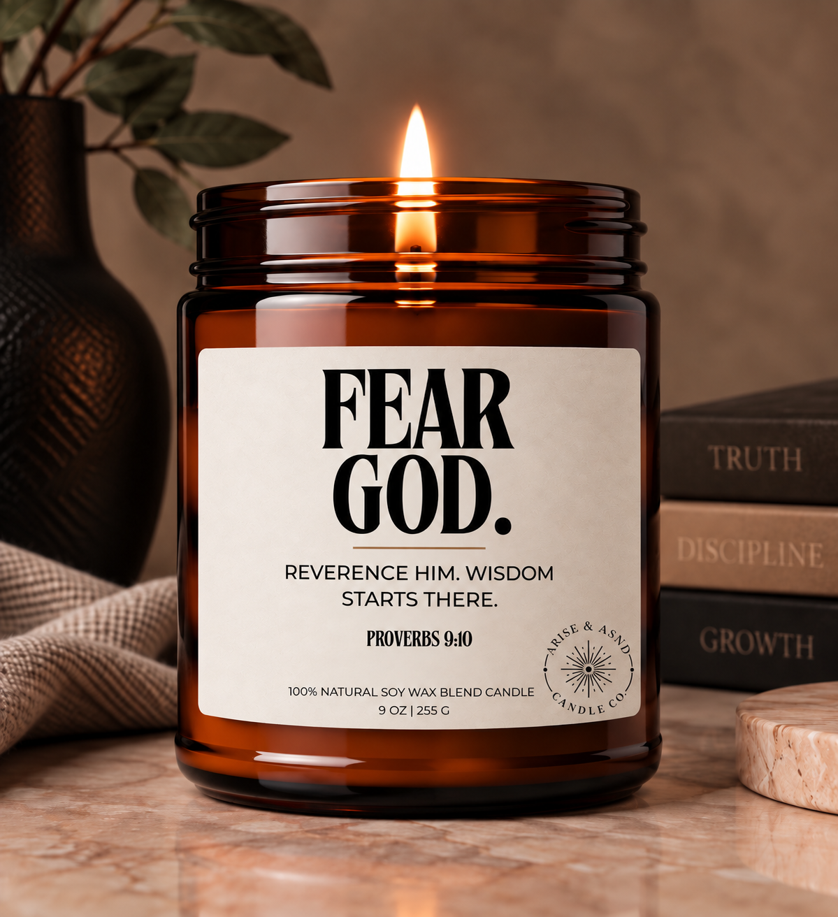 Fear God Christian Scripture Candle, Proverbs 9:10, 9 oz Amber Jar