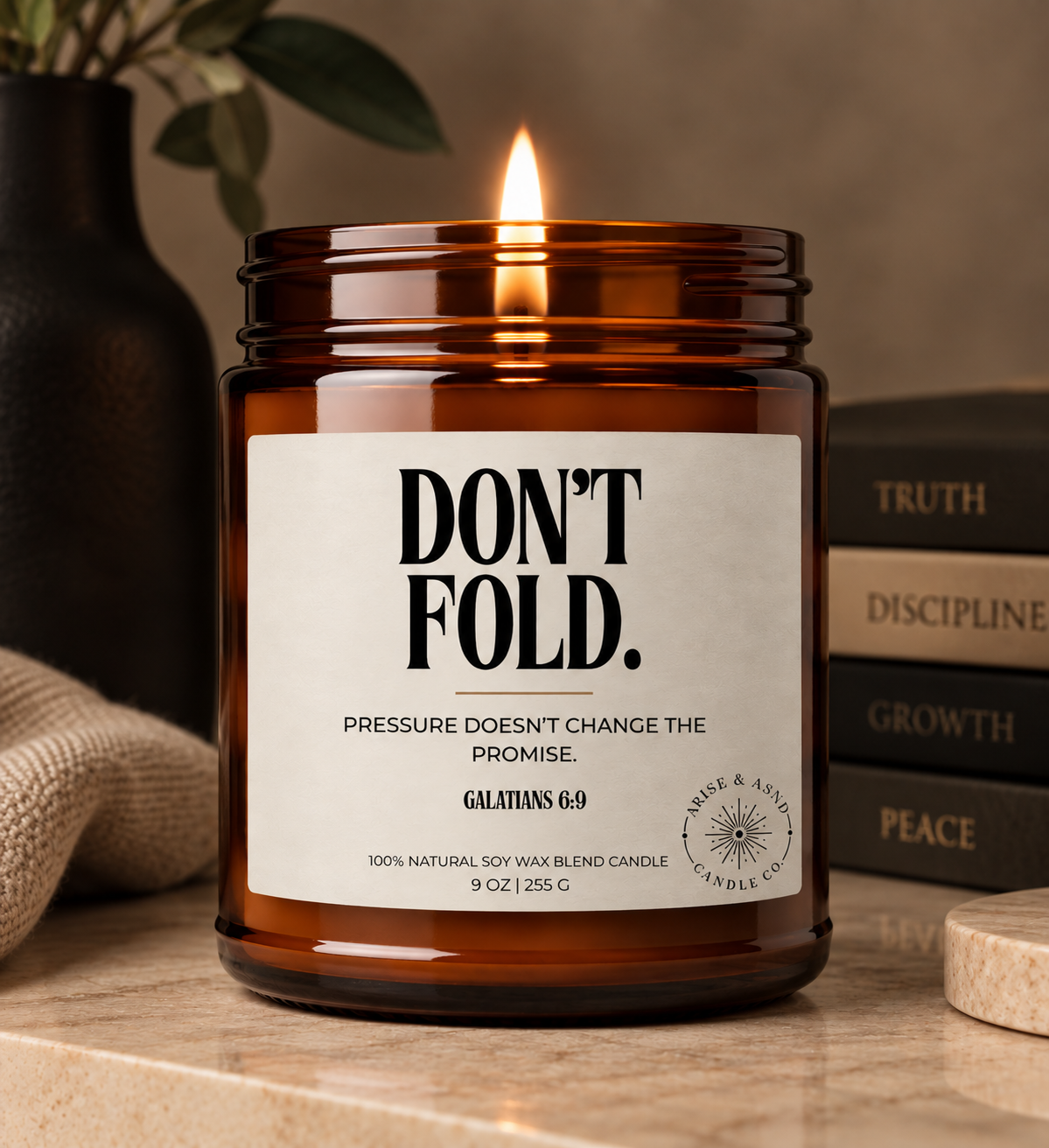 Don't Fold Christian Scripture Candle, Galatians 6:9, 9 oz Amber Jar