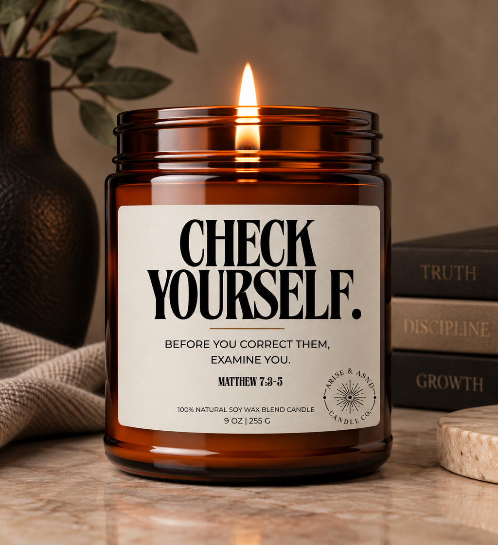 Check Yourself Christian Scripture Candle, Matthew 7:3-5, 9 oz Amber Jar
