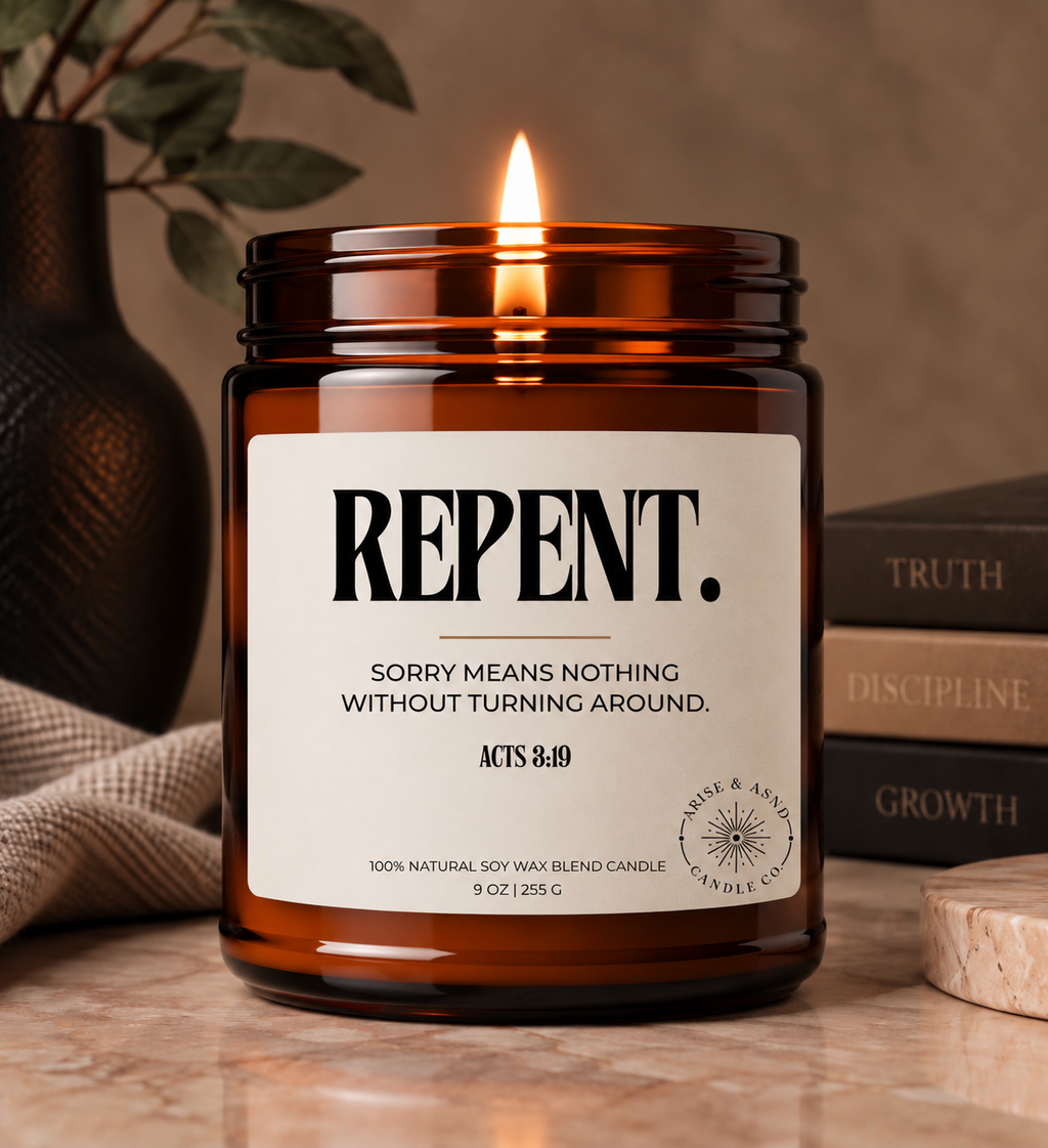 Repent Christian Scripture Candle, Acts 3:19, 9 oz Amber Jar