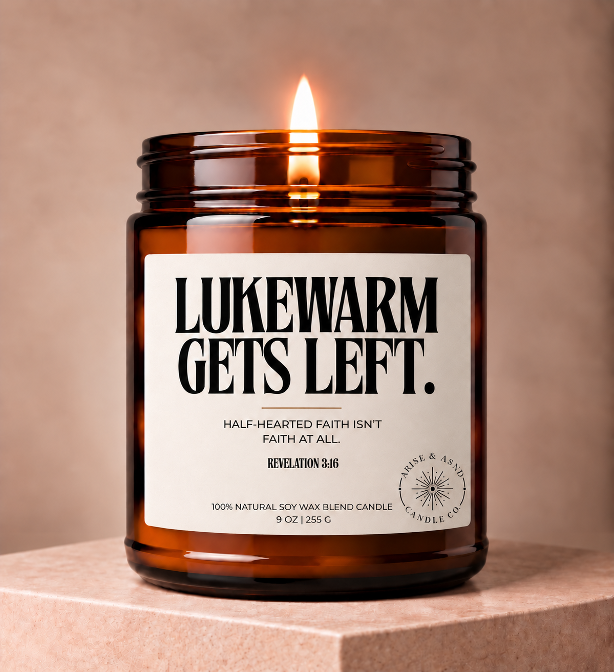 Lukewarm Gets Left Christian Scripture Candle, Revelation 3:16, 9 oz Amber Jar