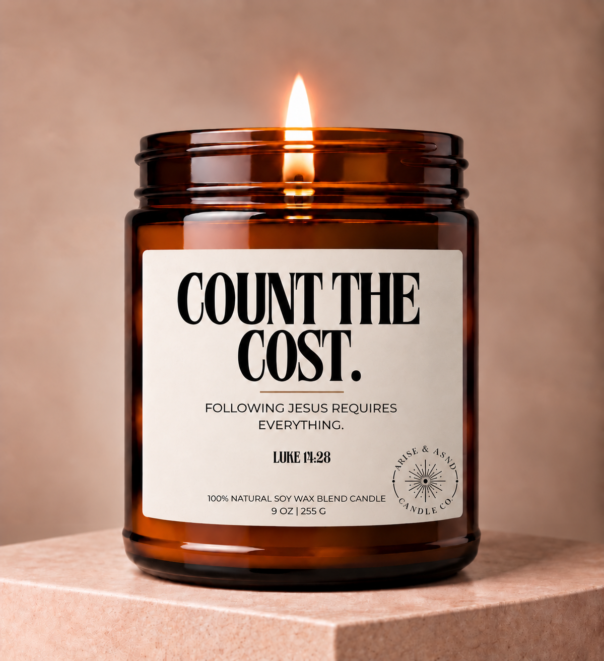 Count The Cost Christian Scripture Candle, Luke 14:28, 9 oz Amber Jar