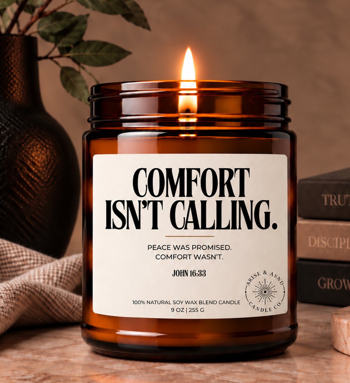 Comfort Is Calling Scripture Candle, John 16:33, 9 oz Amber Jar
