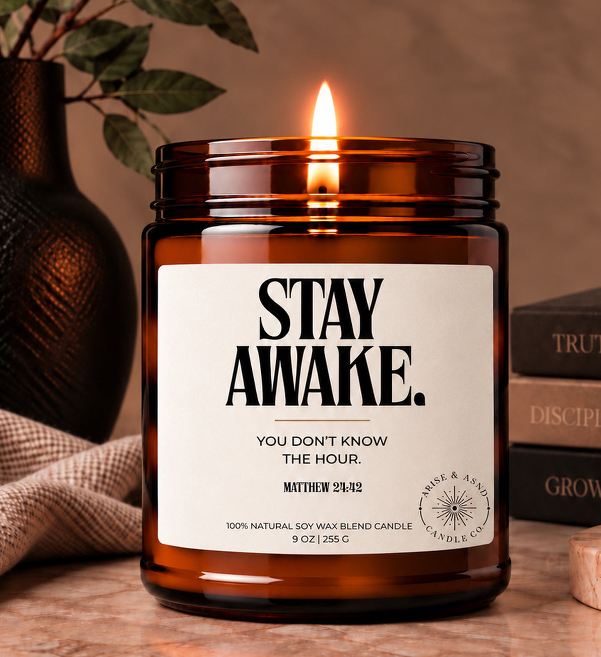 Stay Awake Christian Scripture Candle, Matthew 24:42, 9 oz Amber Jar