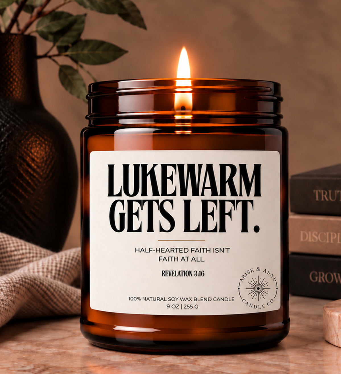 Lukewarm Gets Left Christian Scripture Candle, Revelation 3:16, 9 oz Amber Jar