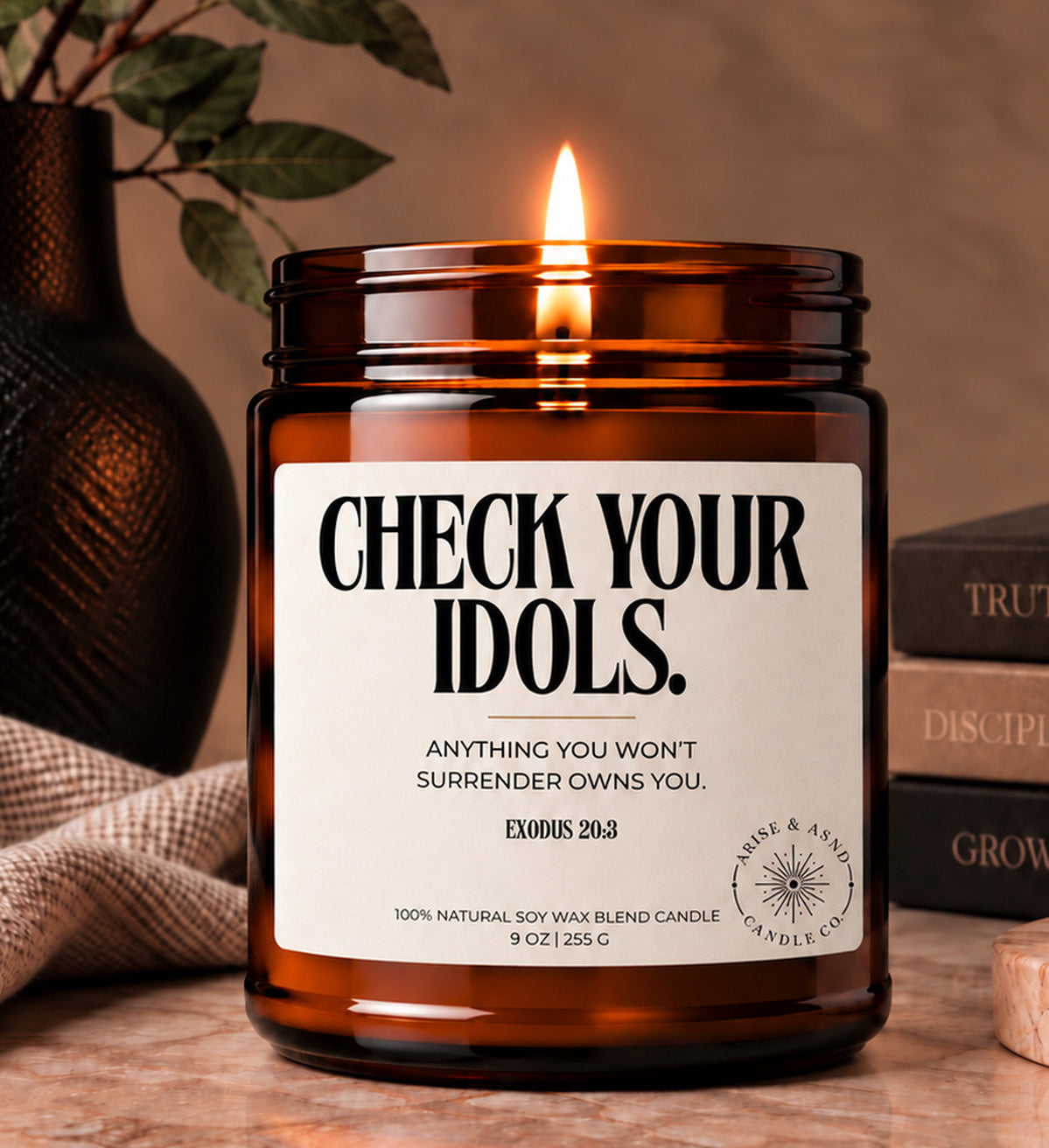 Check Your Idols Christian Scripture Candle, Exodus 20:3, 9 oz Amber Jar