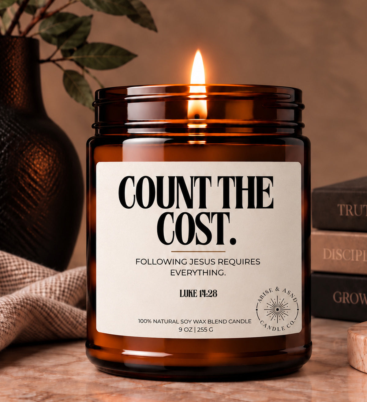 Count The Cost Christian Scripture Candle, Luke 14:28, 9 oz Amber Jar