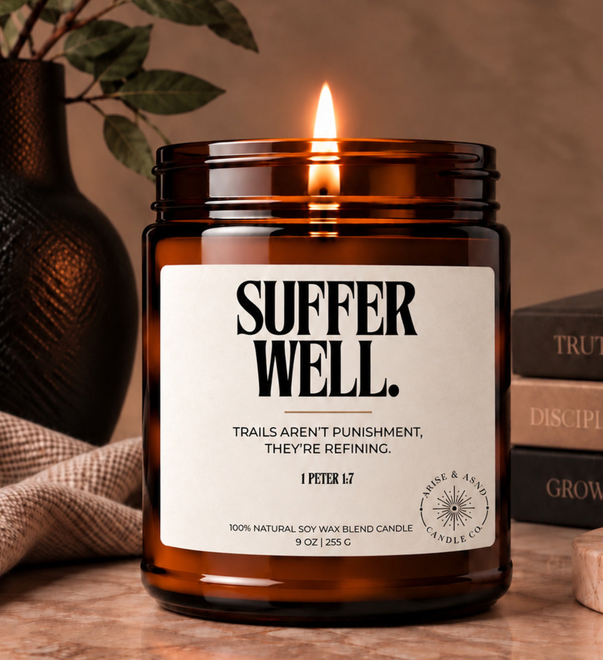 Suffer Well Christian Scripture Candle, 1 Peter 1:7, 9 oz Amber Jar